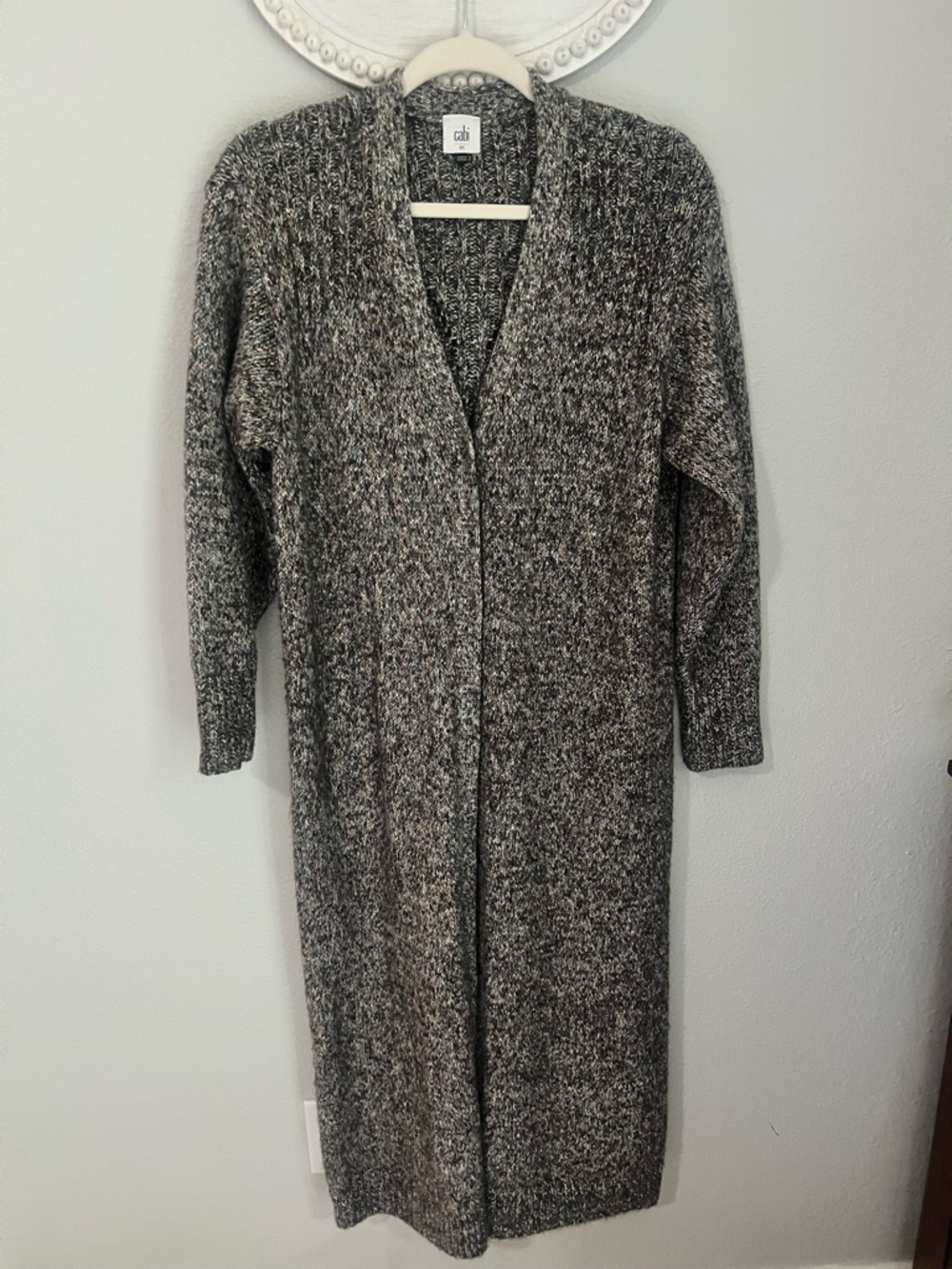 CAbi Long Marled Gray Open Cardigan